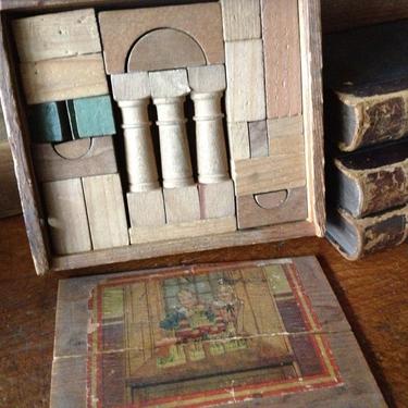 Childrens Toy Wood Blocks in Original Box, Made in England, Dove Tailed Wooden Box 