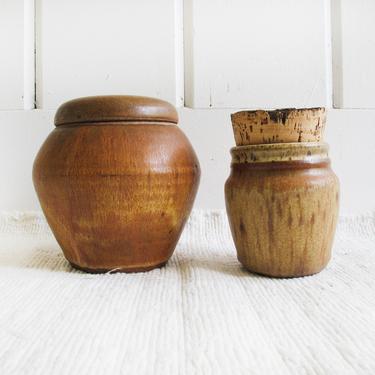 Vintage Hand Made Neutral Tone Burnt Orange Speckled Pot with Lid and Small Spice Jar with Cork Topper (Sold Separately) 