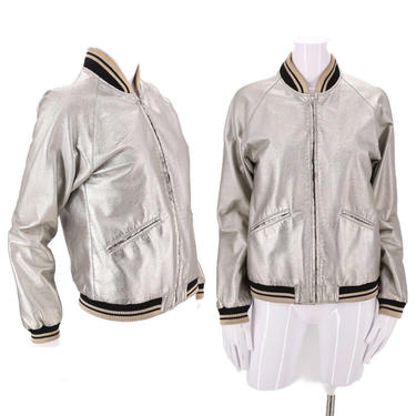 silver SAINT LAURENT silver faux leather Teddy varsity bomber jacket S / yves Saint Laurent  