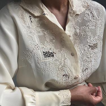 vintage silk hand embroidered cut work essential chinoiserie blouse 
