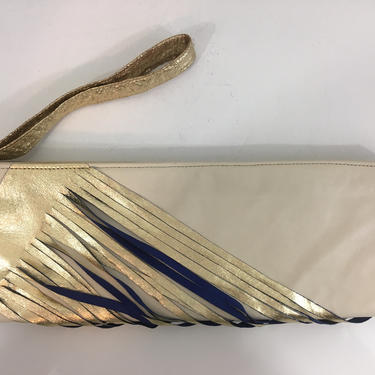 Vintage Miel Accessories Soft Leather Clutch Cream Purse Bag Handbag Retro Blue Gold 1970s Wristlet Corduroy Lining 