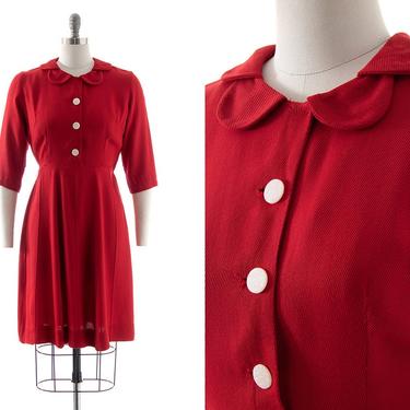 Vintage 1960s Shirtwaist Dress | 60s Red Cotton Button Up Three Quarter Sleeve Peter Pan Collar Solid Color Day Dress (medium) 