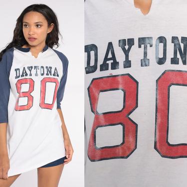 80 Daytona Ringer Shirt Retro Baseball Tshirt 80s T Shirt Raglan Tee Vintage 1980s Tee 3/4 Sleeve Retro Red White Blue Medium Large 
