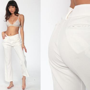 Bell Bottoms Pants Off-White Flares 70s Boho Hippie Bellbottom Polyester 1970s Vintage Bohemian Trousers Small 28 