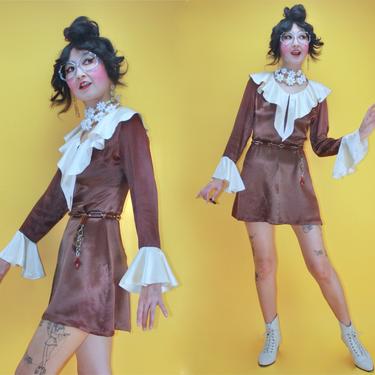 Vintage 1960s Young Innocent by arpeja Exaggerated Bell Sleeves Long Ruffled Collar Milk Chocolate GoGo Micro Dress/SZ S/ MOD Hippie Glam 