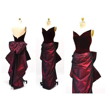 80s Vintage Murray Arbeid dress Couture Evening Ball Gown Small Medium Red Wine Velvet and Silk Taffeta Strapless Gown Dress Made in London 