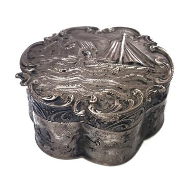 1897 Dutch Sterling Silver Repousse Snuff Box Trinket or Jewelry Box High Relief Carved Nautical Scene With Sailboat Sailor House on Bay 