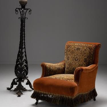Carpet & Velvet Lounge Chair / Wrought Iron Torcheres