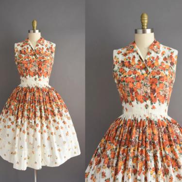 vintage 1950s dress | Gorgeous Golden Orange &amp; Brown Floral Full Skirt Cotton Dress | Medium | 50s vintage dress 