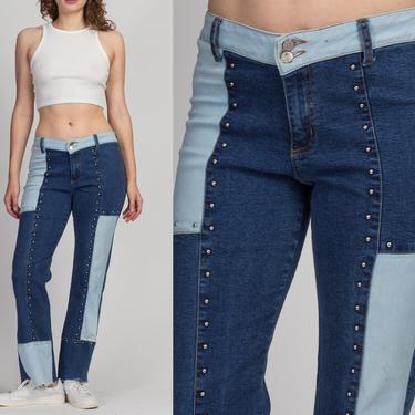 Y2K Watch LA Studded Stretch Jeans - Medium | Vintage Low Rise Denim Patchwork Jeans 