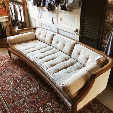 Low Mid Century Wood Framed Cream Upholstered Sofa, Mid Century Sofa, Vintage Cream and Wood Sofa 