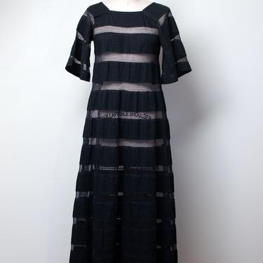 1970s Black Pintuck Dress / 70s Wide Sleeve Mexican Dress 