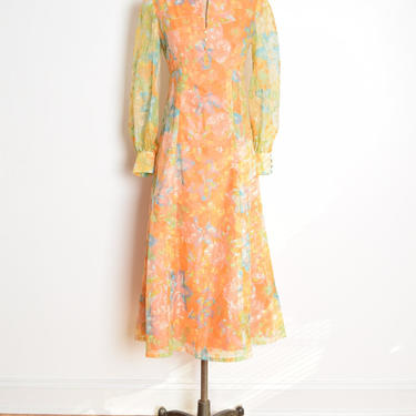 vintage 70s dress orange floral print chiffon long maxi hippie boho S M clothing 