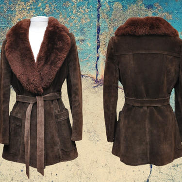 Vintage Women’s Brown Suede Belted Shearling Coat Heavy Winter Jacket M 