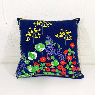Vintage Vera Pillow Accent Flowers Floral Throw Sofa Couch Green Navy Blue Yellow Linen Cotton Mid-Century Kitsch Kitschy Country Farmhouse 