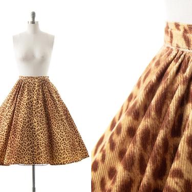 Vintage 1950s Skirt | 1950s Leopard Animal Novelty Print Cotton Corduroy High Waisted Warm Full Skirt (small) 