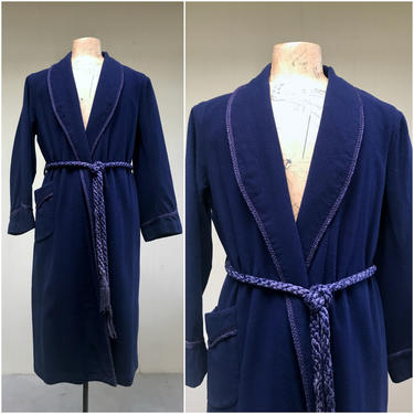 Vintage 1950s Mens Robe, 50s Navy Blue Wool Shawl Collar Smoking Jacket, Cozy Mid-Century Dressing Gown, Soft &amp; Warm, Medium up to 40&amp;quot; Chest 