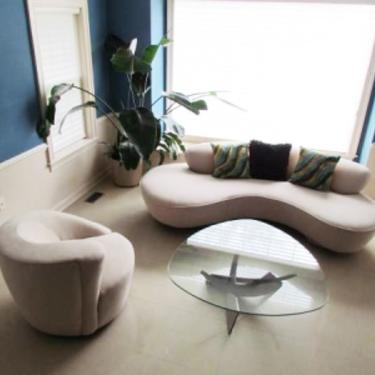 VLADIMIR KAGAN Cloud Sofa and Nautilus Chair with Chrome and Glass CoffeeTable