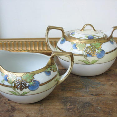 Nippon Sugar And Creamer Set, Hand Painted Porcelain, Blue Floral Asters With Gold Embellishments, Tea Party 
