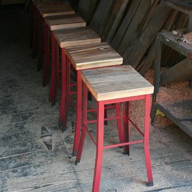 industrial blonde bar stool - reclaimed old growth wood and recycled content steel flare leg frame 