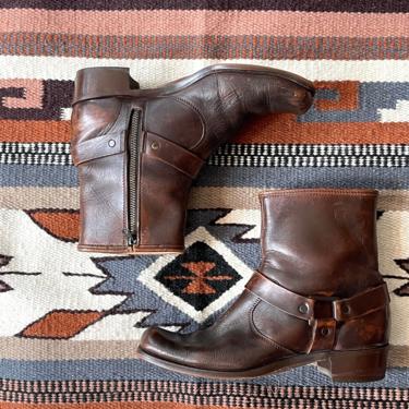 MOTO BOOTS Vintage 70s Brown Leather Buckled Boots | 1970s Motorcycle Bootie | 60s 1960s, Biker Hippie, Frye Style | Mens Size 9 1/2 to 10 