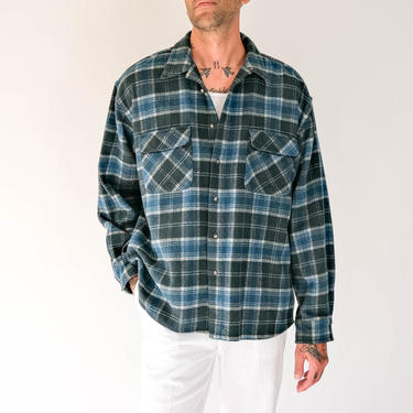 Vintage 90s PURE STUFF Hunter Green Tartan Plaid Loop Collar Flannel | Oversized, Relaxed Fit | 1990s Designer Pendleton Style Unisex Shirt 