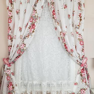 Vintage 1950's Pinch Pleat Curtains / 60s Pink Floral Print Fiberglass Drapes / 2 Panels 