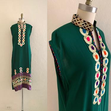vintage green ethnic  tunic dress // embroidered midi dress 