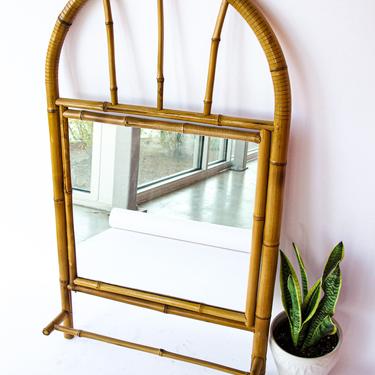Large Vintage Curved Bamboo Hanging Mirror with Bamboo Rack - Made by Rafael Borilla from Costa Rica 