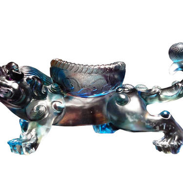 Chinese Liuli Crystal Glass Pate-de-verre Blue Pixiu Display Figure vs242E 