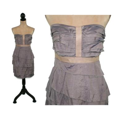 Y2K Midi Dress Small, Strapless Sheath Tiered with Ruffle Bustier &amp; Fitted Waist, Cocktail Party Club, 2000s Clothes Women, Vintage Clothing 