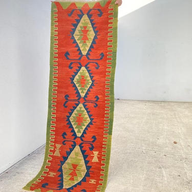 Kilim Runner Rug in Olive  and Rust
