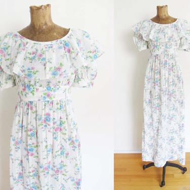 Vintage 70s Floral White Maxi Dress XS - 1970s Young Edwardian Romantic Ruffle Lace Sundress  Long 1970s Prairie Dress - 70s Boho Clothing 