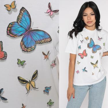 Butterfly T Shirt 90s Single Stitch Butterfly Tee Short Sleeve TShirt Flower Print Vintage White Tshirt Nature Small S 
