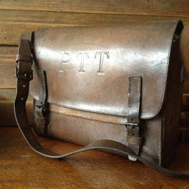 Brown Leather Messenger Bag, French Telegraph La Poste Postal PTT Messenger Briefcase Chestnut Brown Leather Satchel 