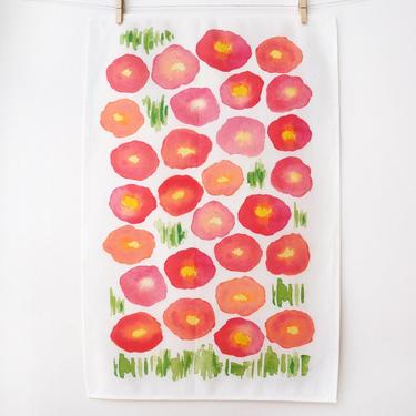 Watercolor Poppies tea towel • pink and coral watercolor • linen-cotton blend 