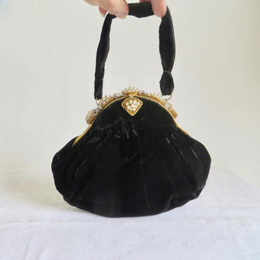 Vintage 1940's 50's French Black Velvet Evening Purse Gold Frame Pearl and Glass Bead Trim Top Handle Cocktail Party Bag Made in France 