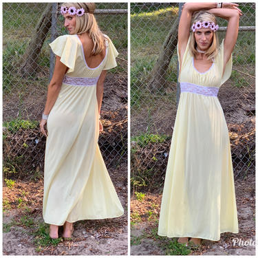 70s Butter Yellow Slipdress maxi goddess dress lace flowy 