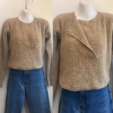 Vintage 70's ANGORA SILK KNIT ribbed Sweater / Skinny Fit / Puff Shoulders / Oatmeal Color 