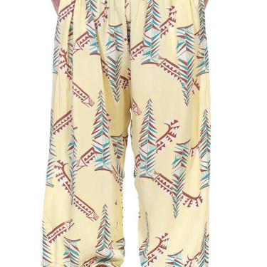 1940S Butter Yellow Brown  Teal Rayon Pajama Lounge Pants 