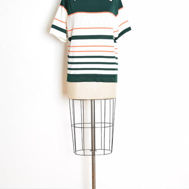 vintage 70s top polo shirt white green orange striped pointy collar tee L XL 