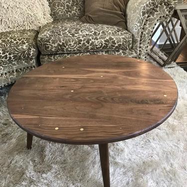 Walnut coffee table, round coffee table, brass inlay coffee table, wood coffee table 