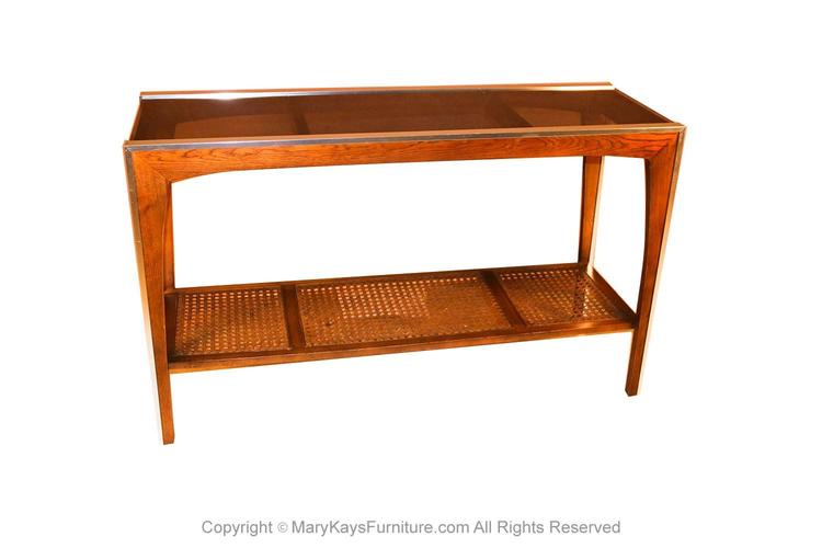 Mid Century Two Tier Glass Cane Console Sofa Table 