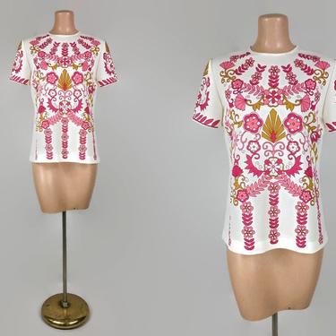 VINTAGE 60s 70s Devonette MOD Op-Art Psychedelic Top | 1970s Abstract Printed Blouse | Devonette Polytron Shirt 