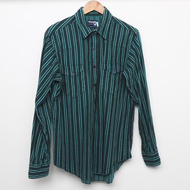 GRUNGE vintage green & black long sleeve COLOR block oxford 90s cotton striped  button up shirt men's size xl oxford 