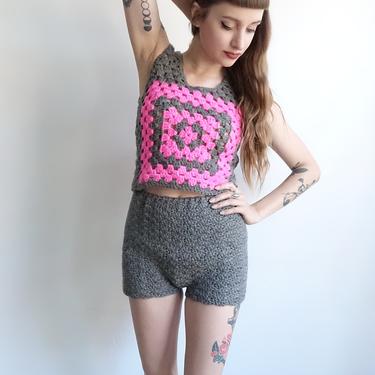 Vintage 70s Crochet Two Piece Set/ Crop and Shorts Matching Handmade Grey Pink Afghan Romper/ Small 