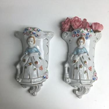 Crinoline lady wall pockets - matching pair - 1950s vintage -  made in Japan 