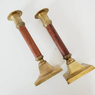 Mid Century Brass &amp; Wood Candlestick Holder Set 