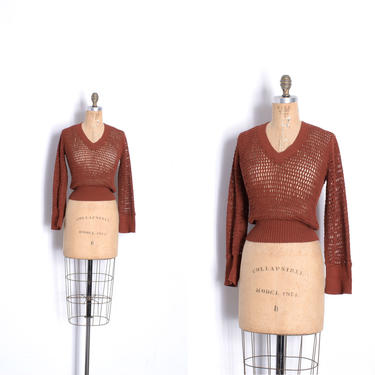 Vintage 1970s Sweater / 70s Open Weave Fishnet Cotton Sweater / Rust Brown ( small S ) 