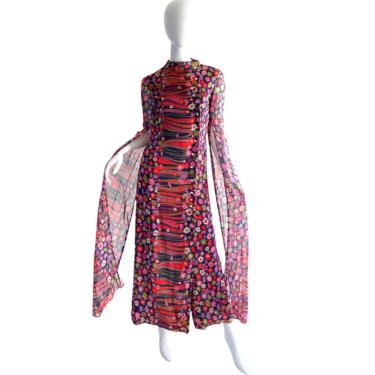 1970s Pauline Trigere Dress / Psychedelic Kimono Maxi Dress / 1970s Martha’s Palm Beach Gown Small 
